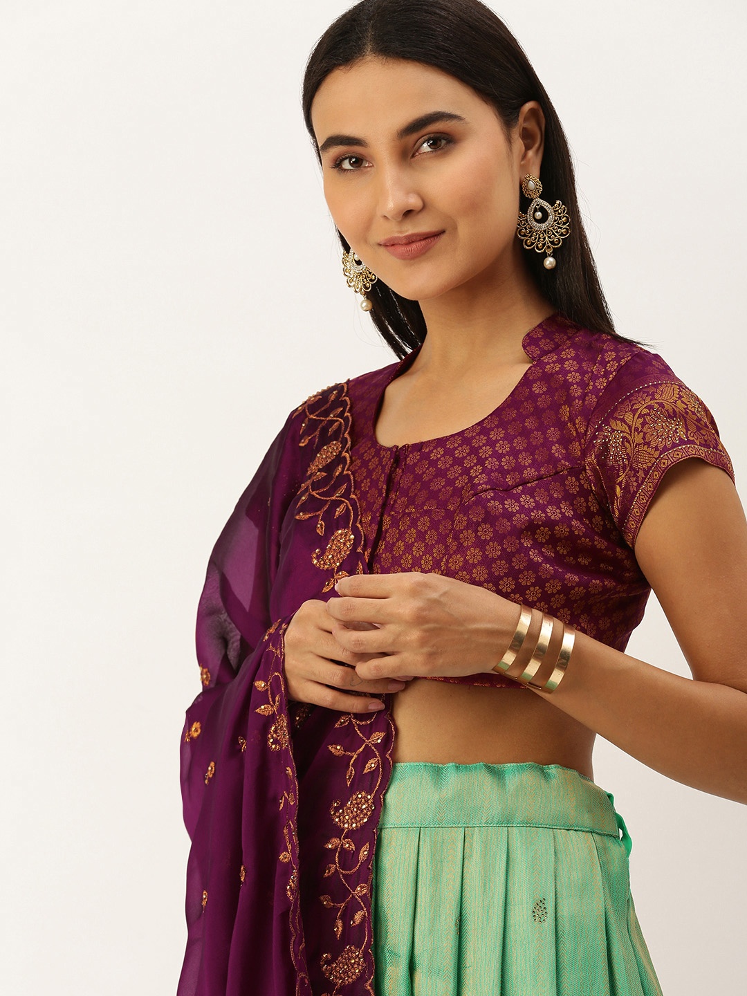 

Pothys Women Green & Purple Unstitched Lehenga & Blouse With Dupatta