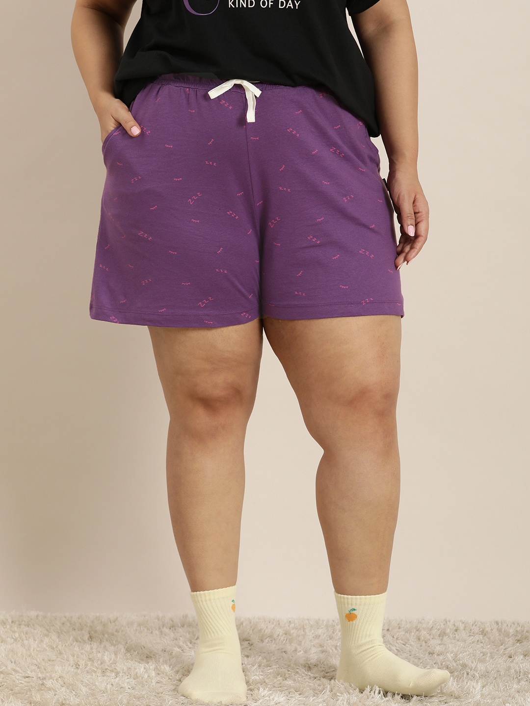 

Sztori Women Plus Size Printed Pure Cotton Lounge Shorts, Violet
