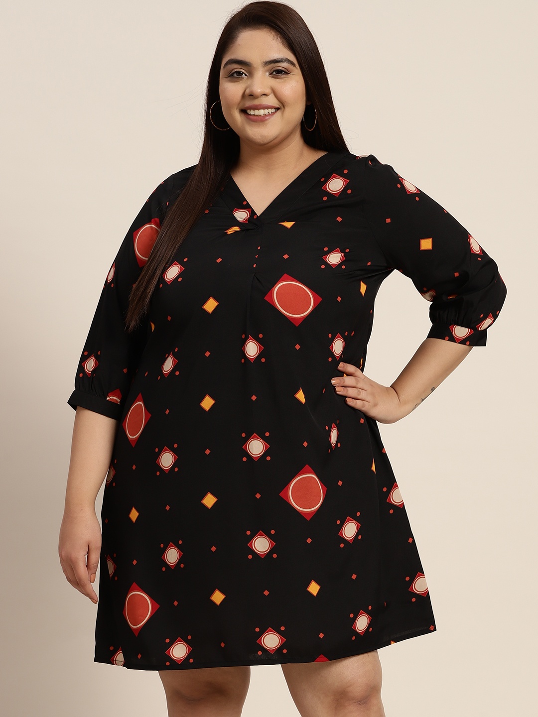 

Sztori Plus Size Geometric Print A-Line Dress, Black