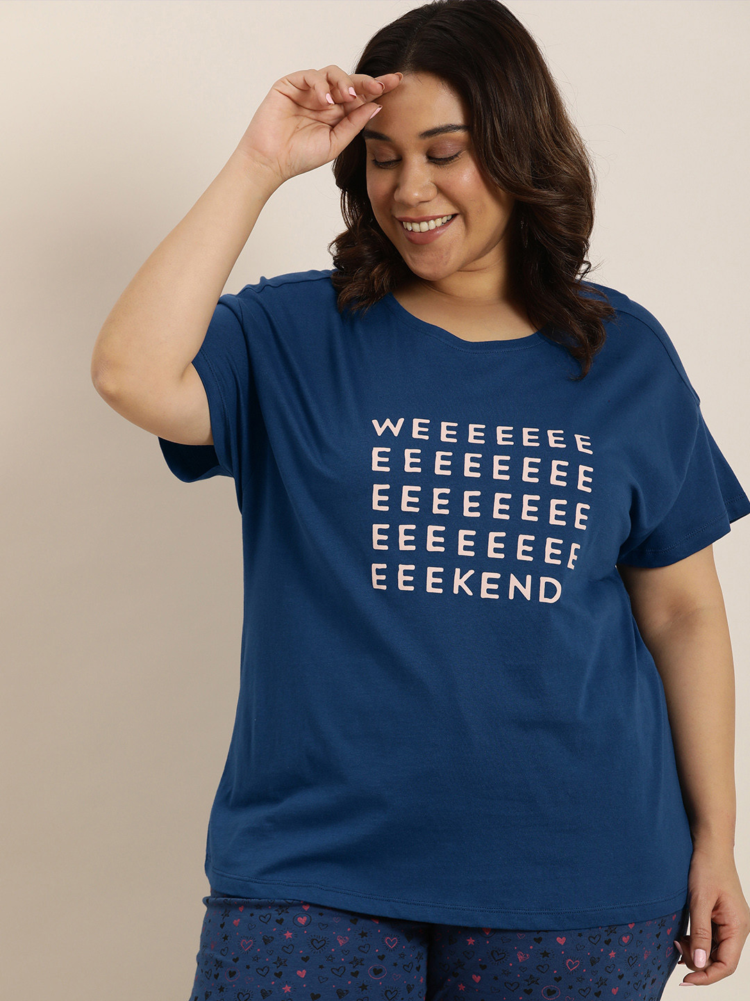 

Sztori Plus Size Round Neck Typography Printed Pure Cotton Lounge T-shirt, Blue