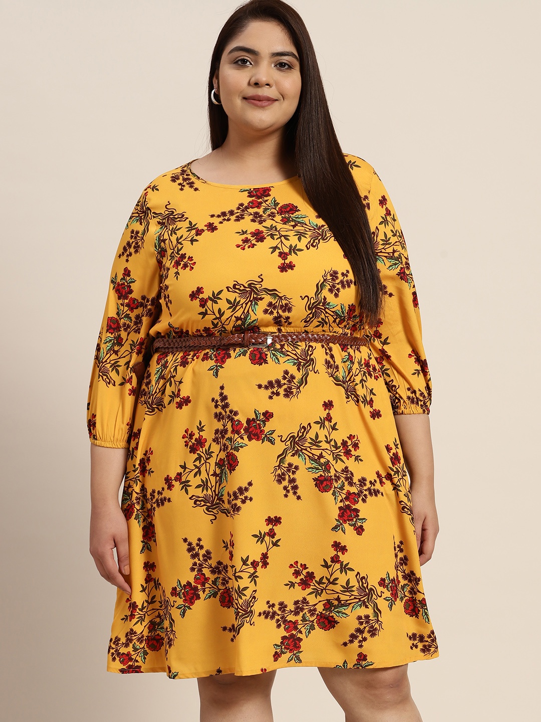 

Sztori Plus Size Floral Print A-Line Dress With Belt, Mustard