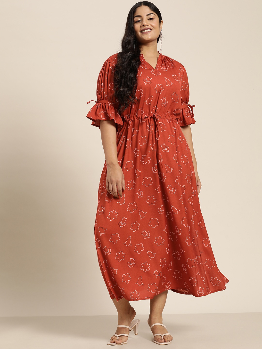 

Sztori Plus Size Floral Print Drawstring Detail Maxi Dress, Rust