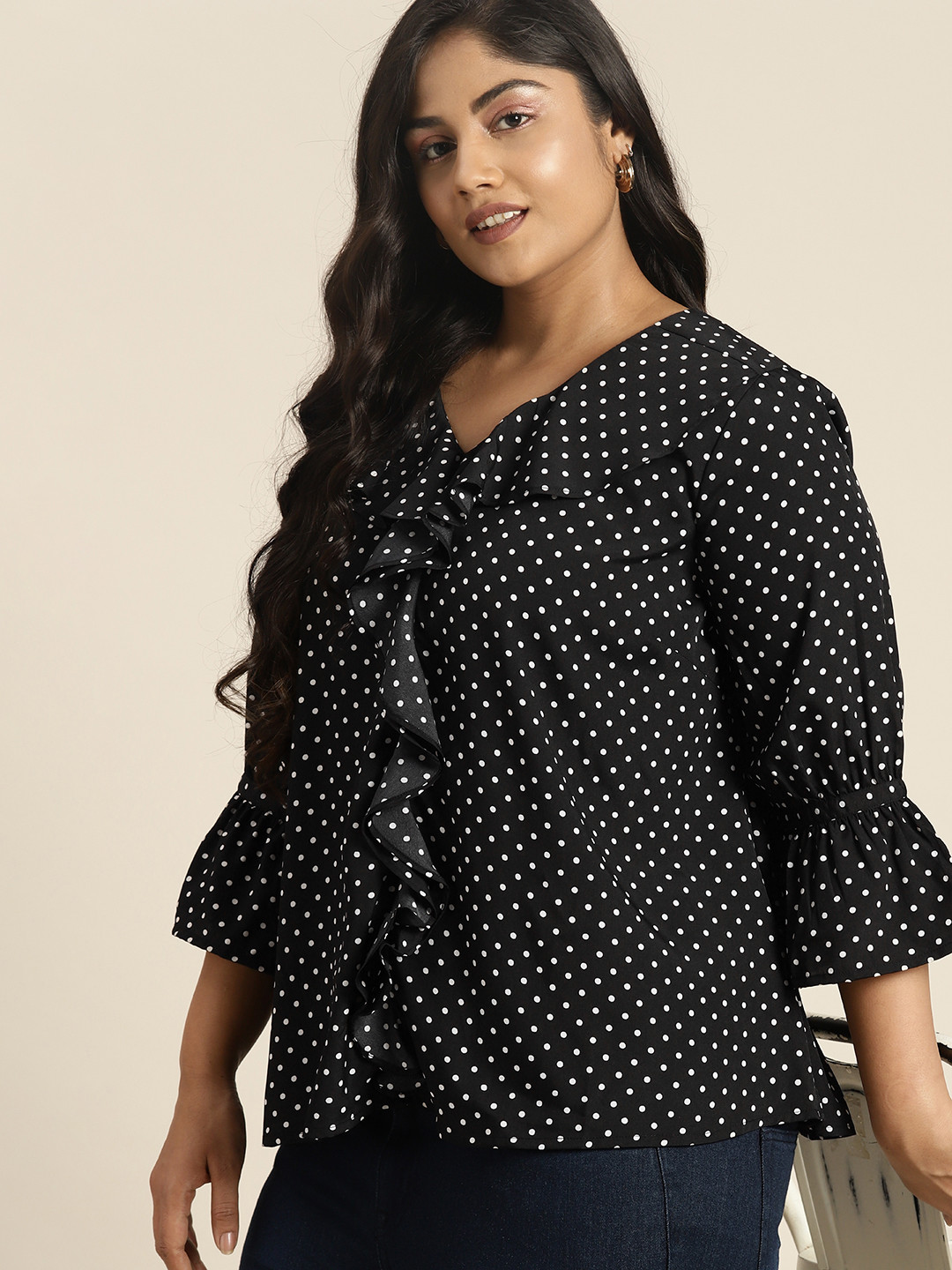 

Sztori Plus Size Polka Dot Printed Ruffles Detailed Top, Black