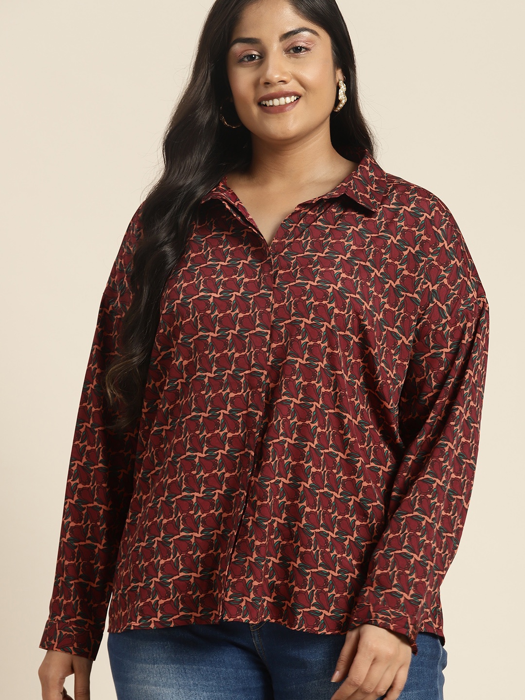 

Sztori Women Plus Size Floral Printed Drop-Shoulder Shirt, Maroon