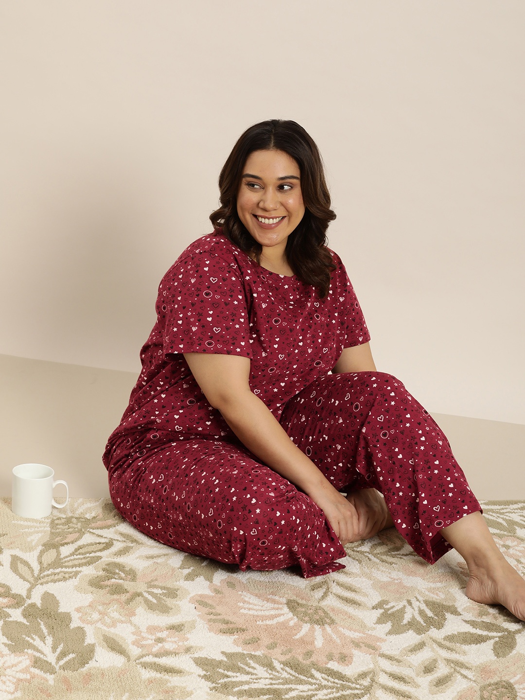 

Sztori Women Plus Size Printed Pure Cotton Lounge T-shirt, Maroon