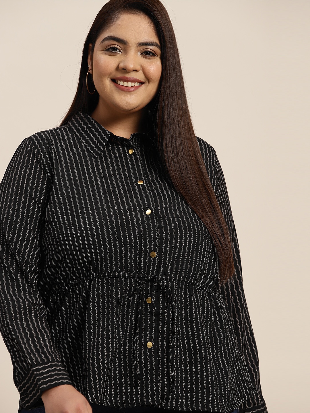 

Sztori Women Plus Size Striped Draw String Detail Shirt, Black