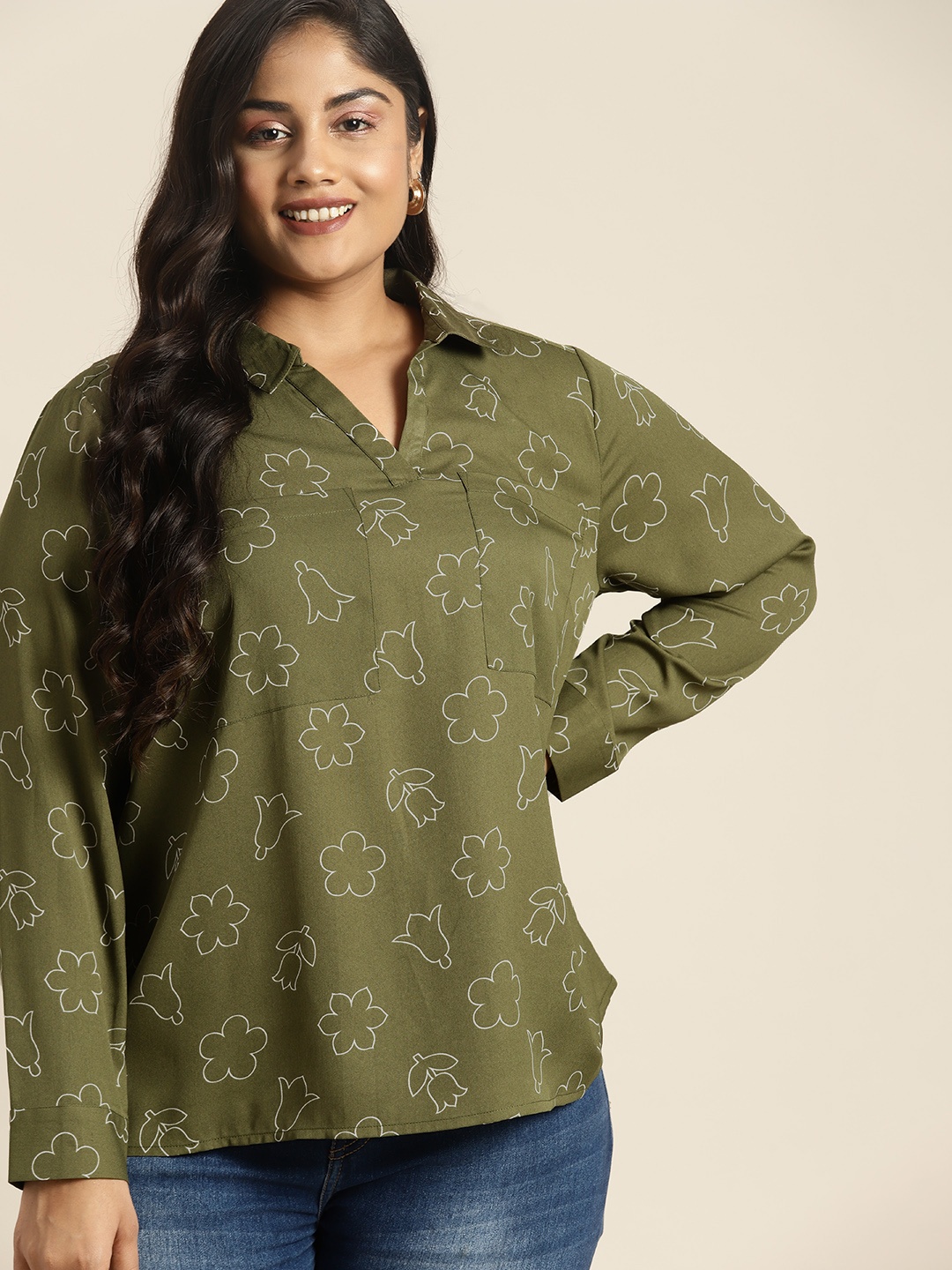 

Sztori Plus Size Floral Printed Shirt Style Top, Olive