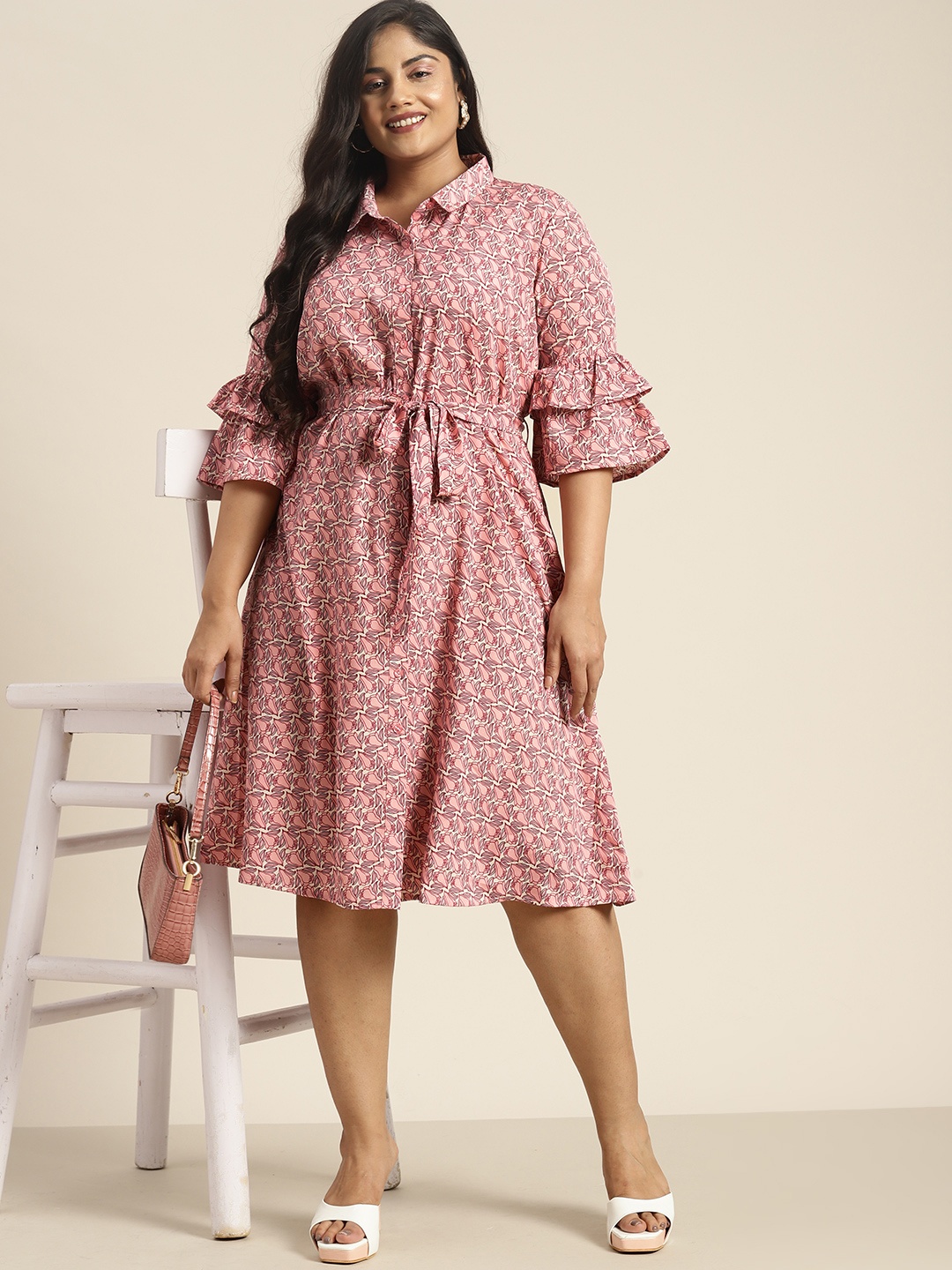

Sztori Plus Size Floral Printed Ruffle Detail Shirt Style Dress with a Belt, Pink