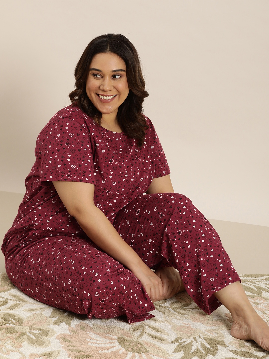 

Sztori Women Plus Size Pure Cotton Printed Lounge Pants, Maroon