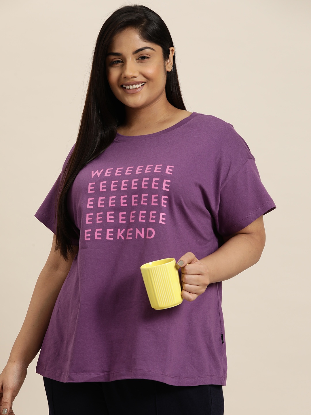 

Sztori Plus Size Typography Printed Pure Cotton Lounge T-shirt, Purple