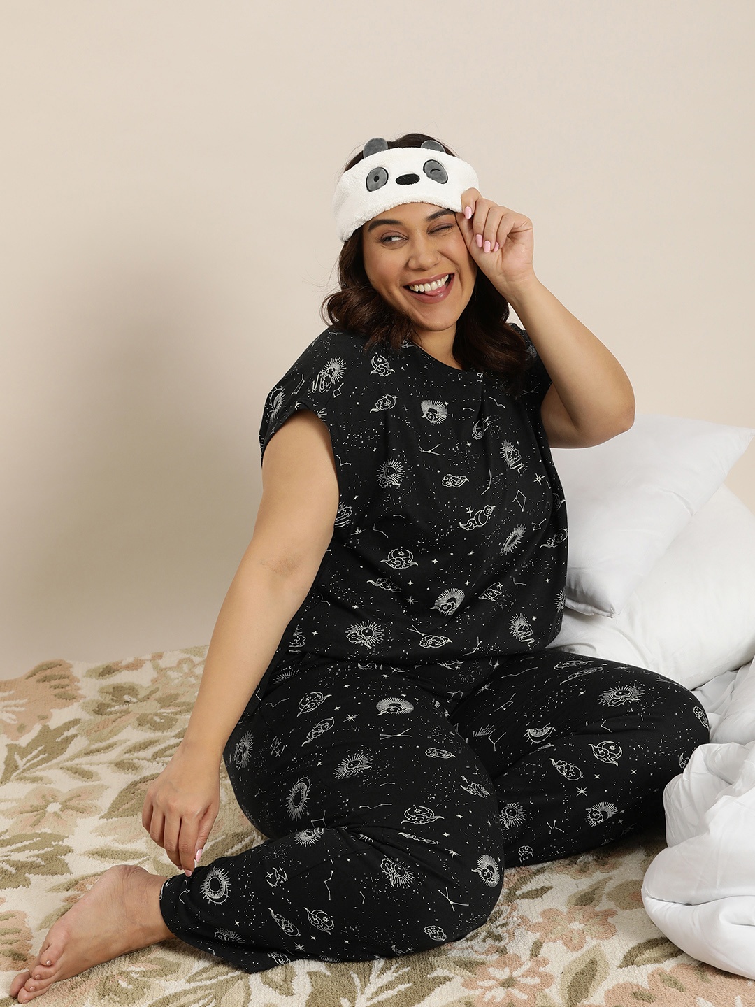 

Sztori Women Plus Size Pure Cotton Printed Lounge Pants, Black