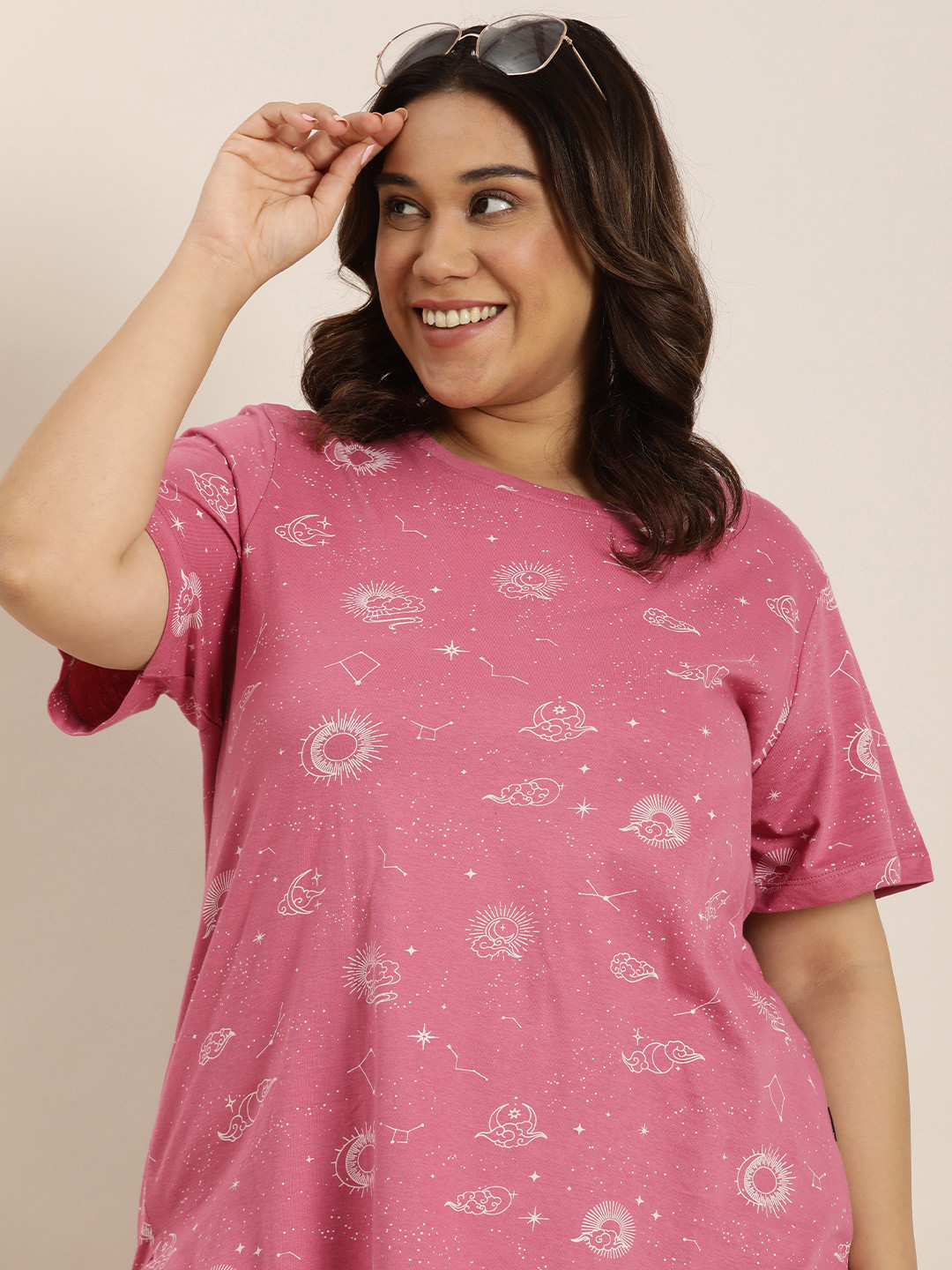 

Sztori Women Plus Size Pure Cotton Printed Lounge T-shirt, Pink
