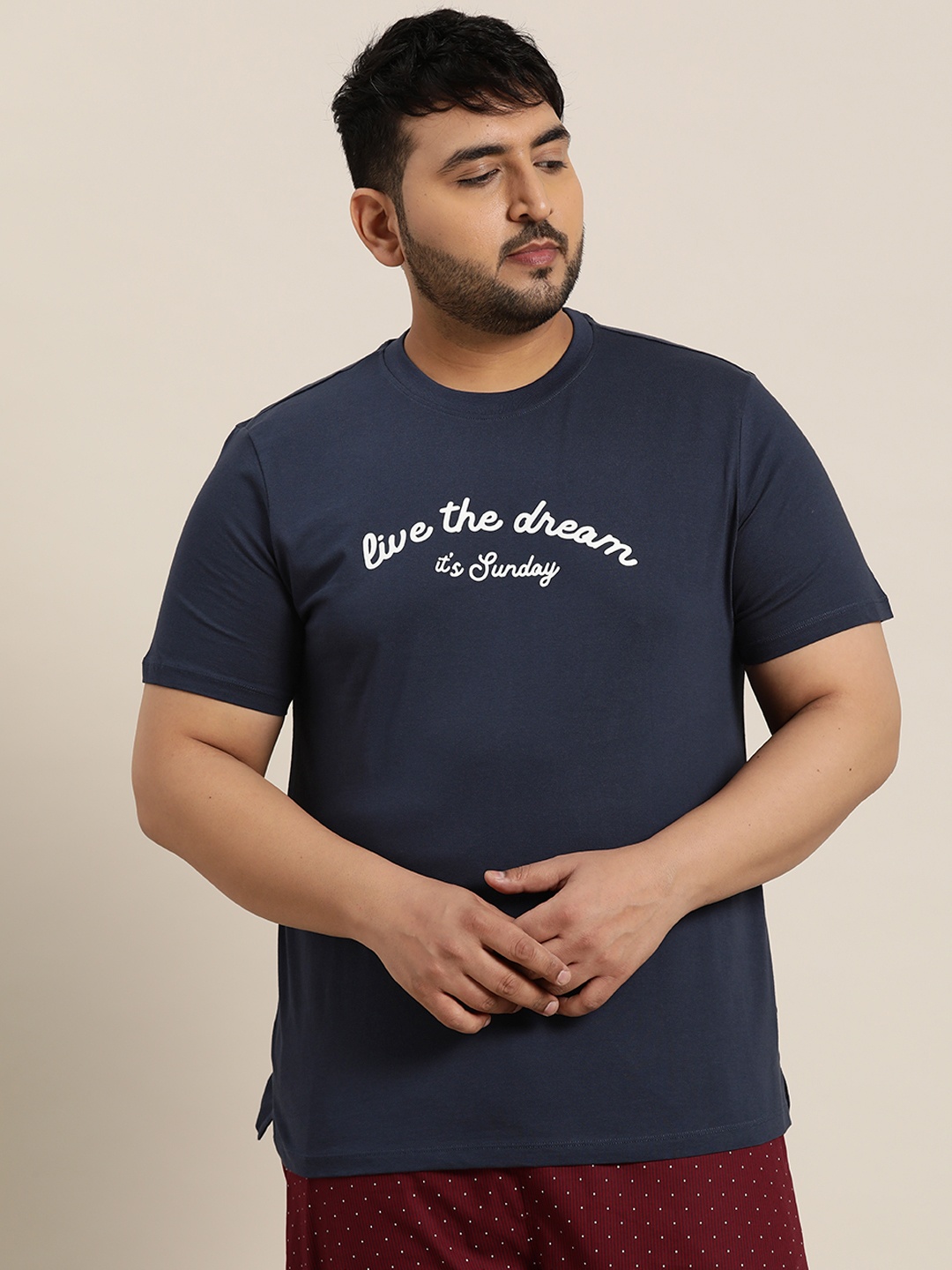 

Sztori Plus Size Round Neck Typography Printed Pure Cotton Lounge T-Shirt, Navy blue