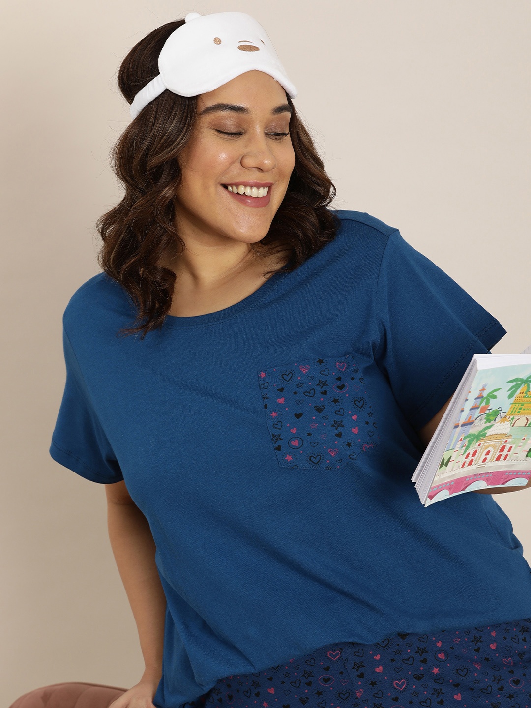 

Sztori Plus Size Round Neck Cotton Lounge T-shirts With Geometric Printed Chest Pocket, Blue