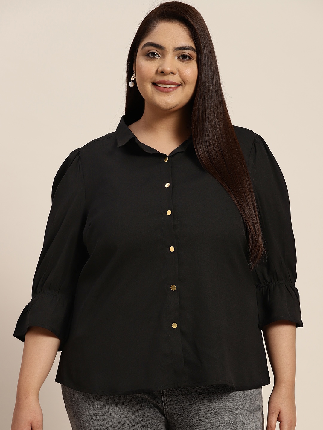 

Sztori Women Plus Size Puff Sleeved Shirt, Black