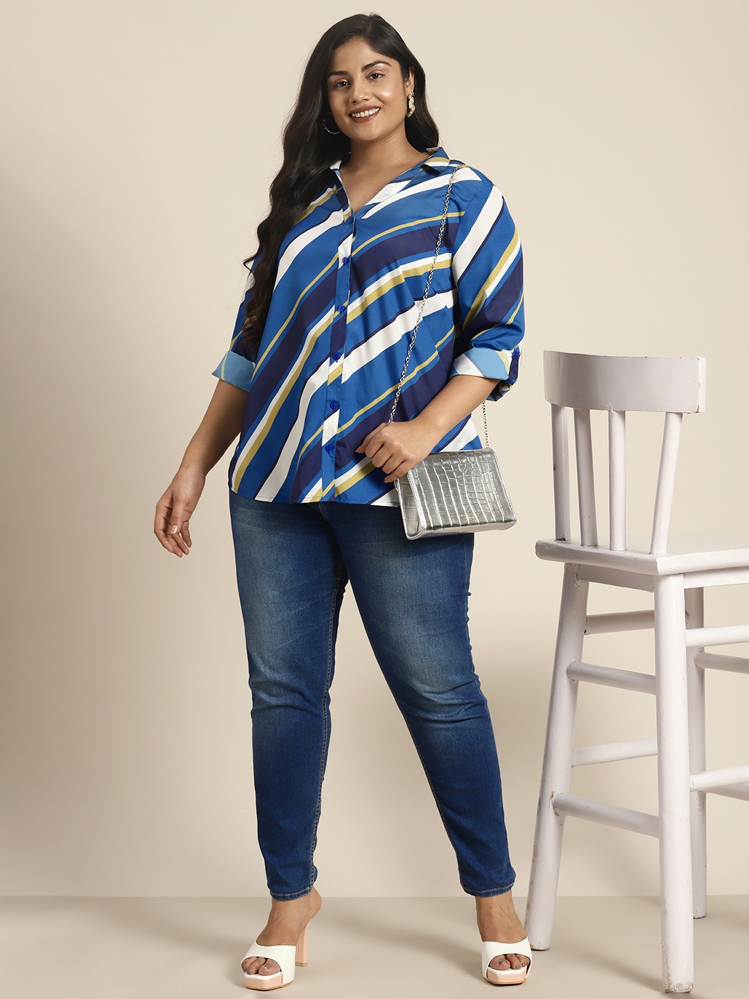 

Sztori Women Plus Size Multi Striped Casual Shirt, Blue
