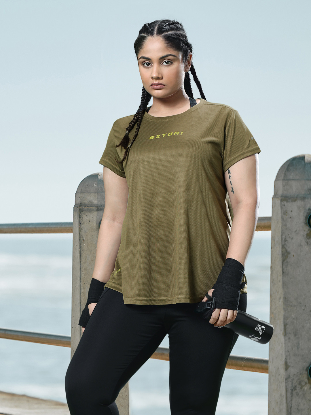 

Sztori Plus SIze Brand Logo Printed Round Neck Sports T-shirt, Olive