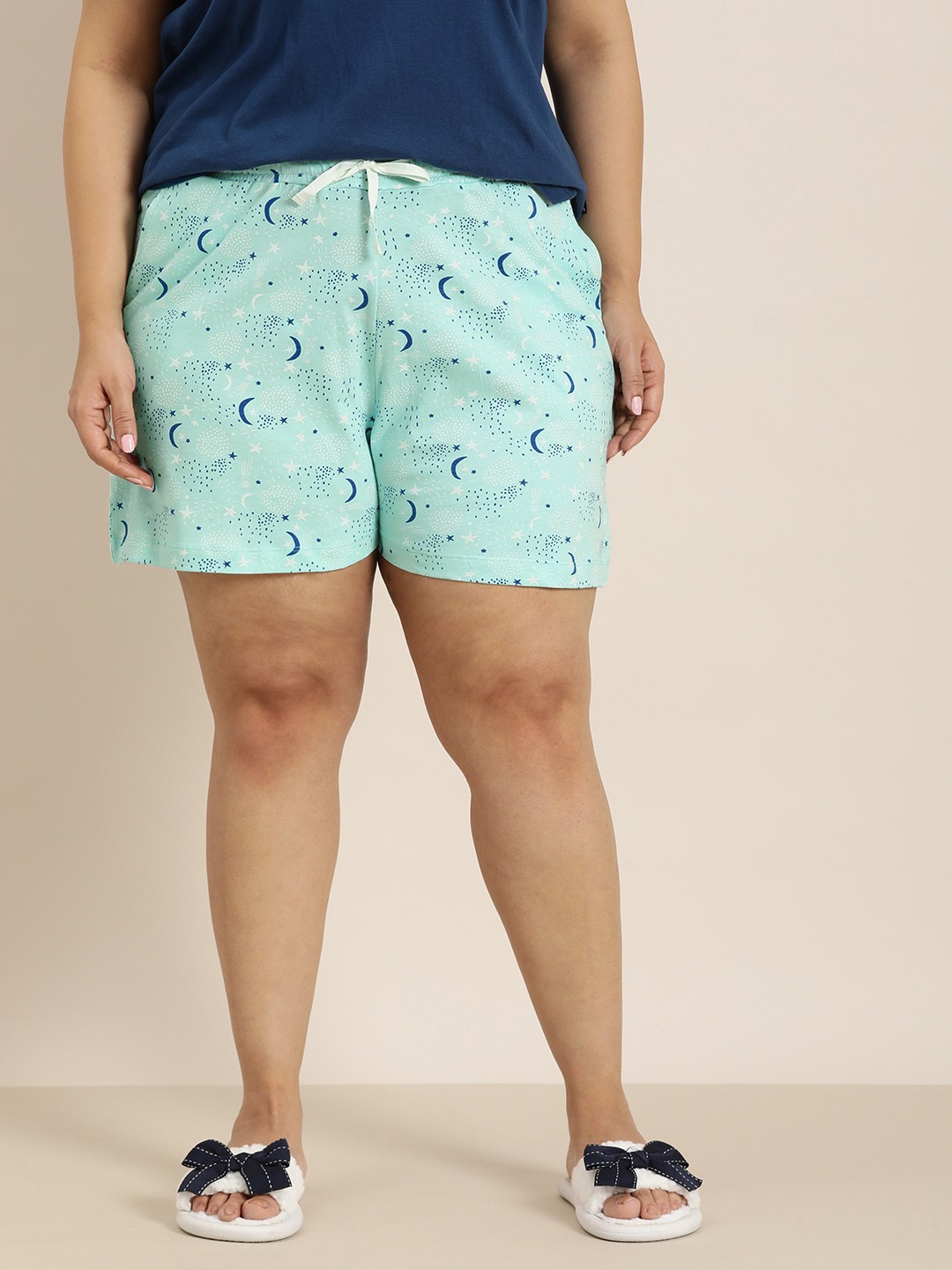 

Sztori Women Plus Size Printed Pure Cotton Lounge Shorts, Turquoise blue