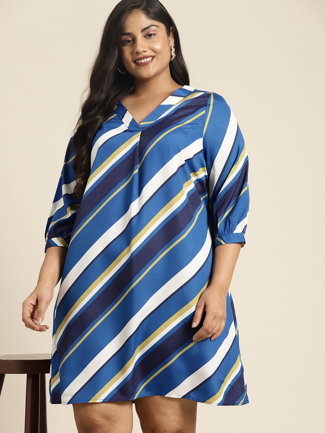 

Sztori Plus Size Striped V-Neck Pleat Detail A-Line Dress, Blue