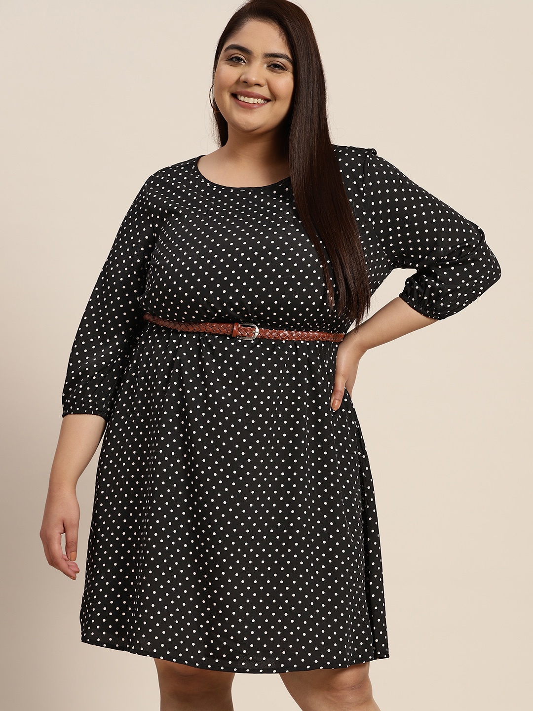 

Sztori Plus Size Polka Dots Print A-Line Dress With Belt, Black