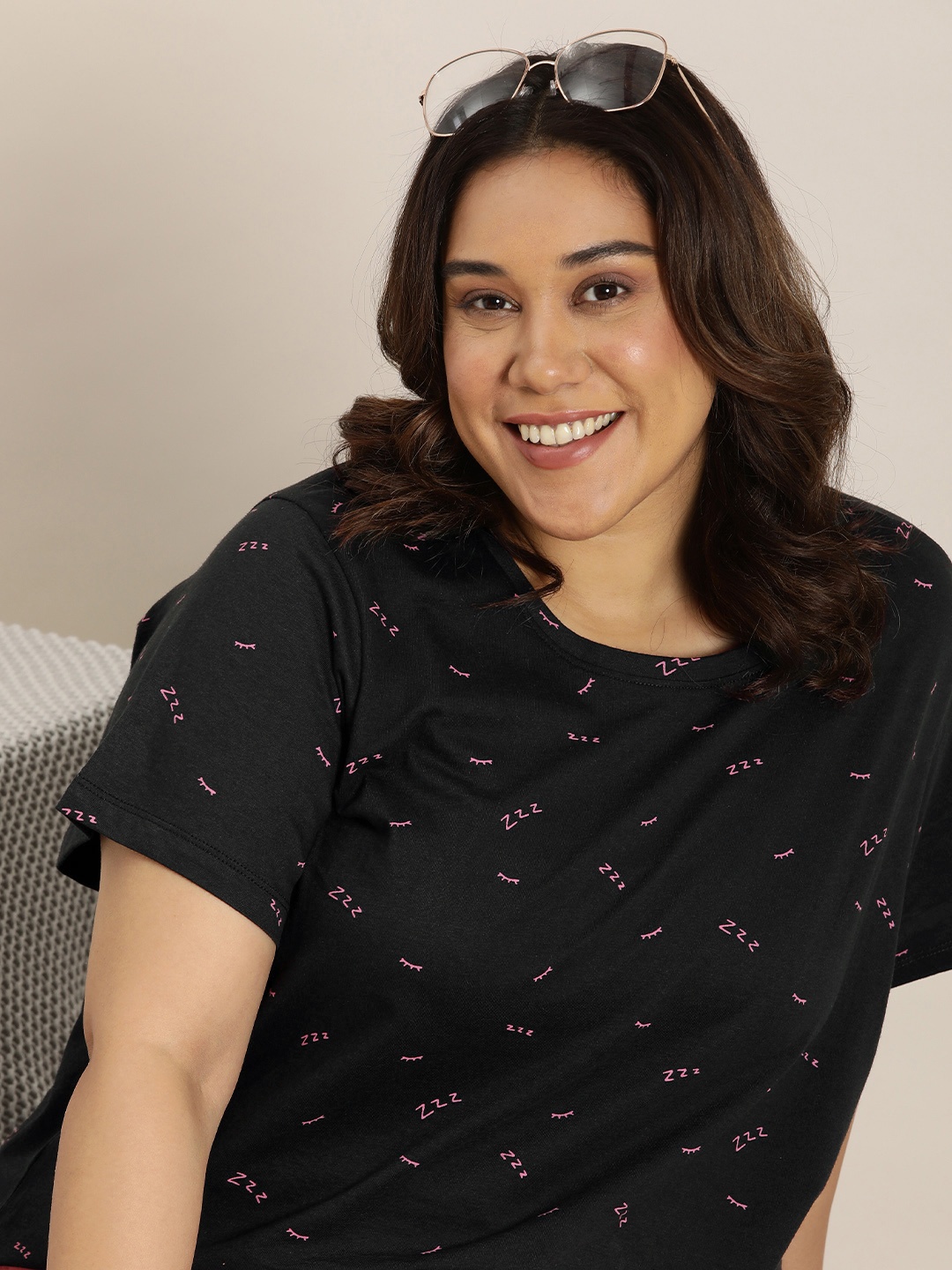 

Sztori Plus Size Round Neck Quirky Printed Pure Cotton Lounge T-shirts, Black