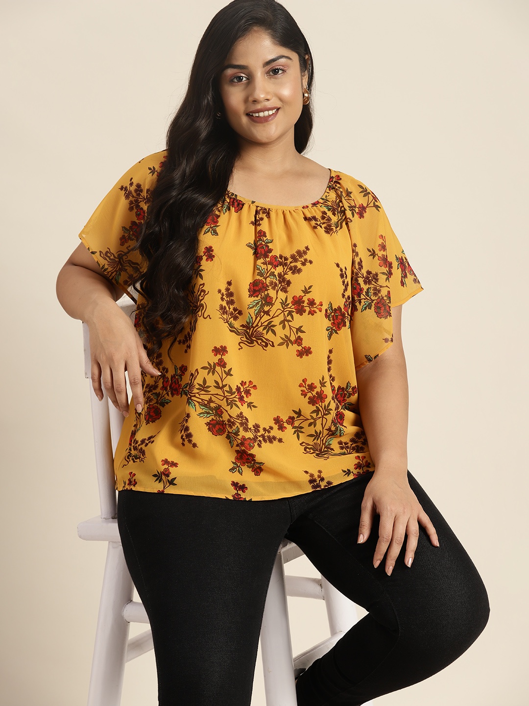 

Sztori Plus Size Floral Printed Short Flared Sleeves Top, Yellow