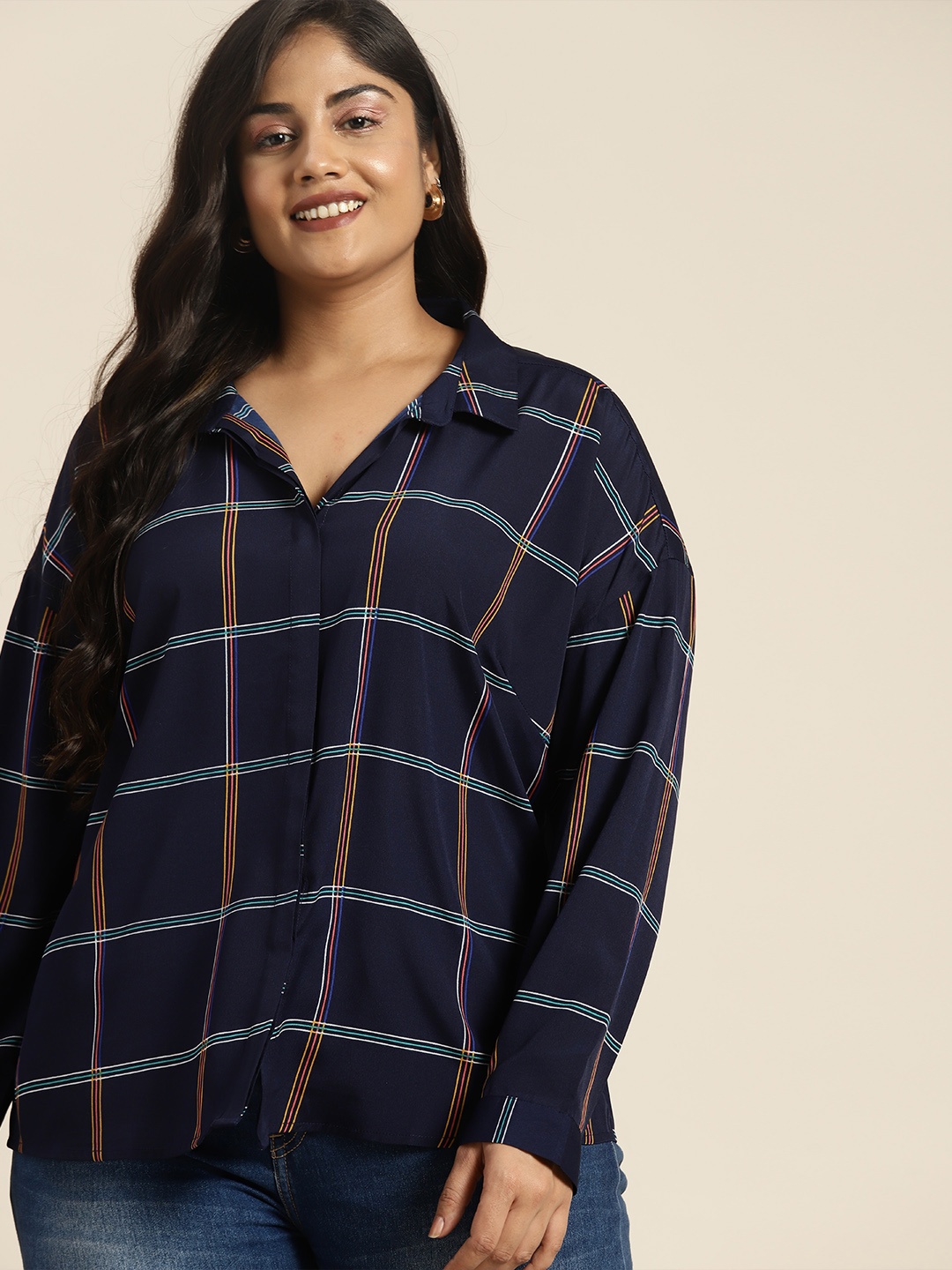 

Sztori Women Plus Size Windowpane Checks Drop-Shoulder Casual Shirt, Navy blue