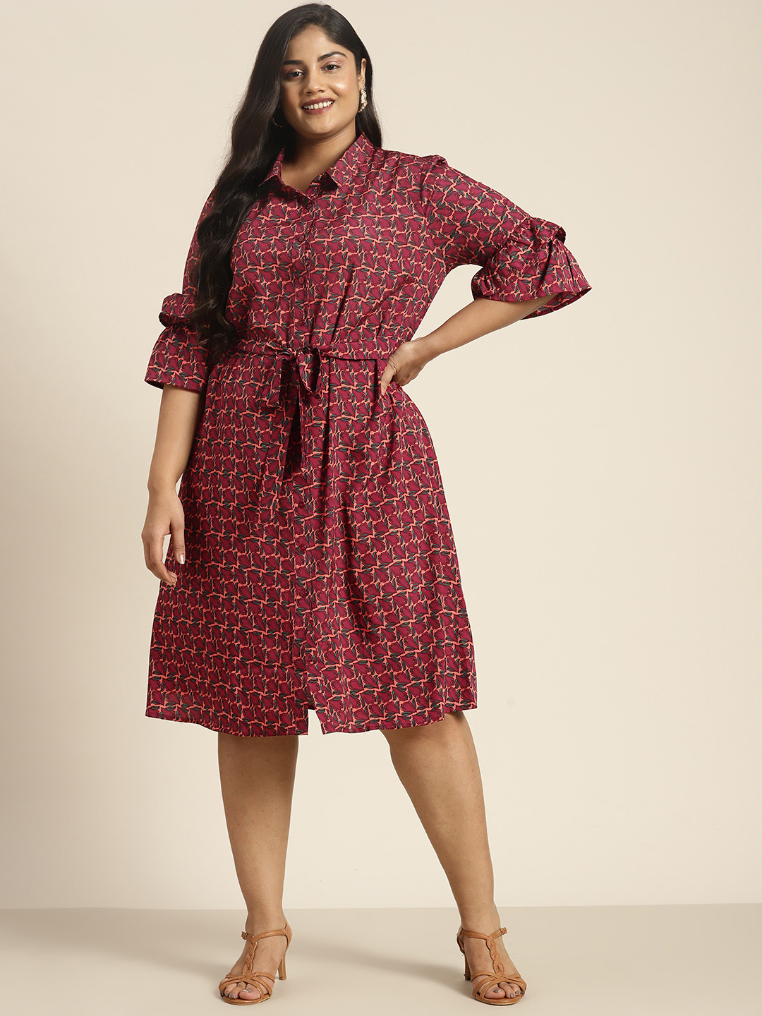 

Sztori Plus Size Floral Printed Ruffle Detail Shirt Style Midi Dress with a Belt, Maroon