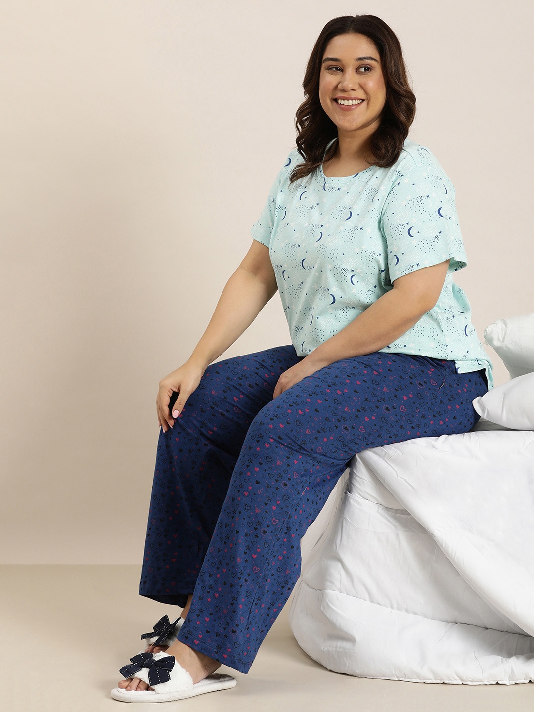 

Sztori Women Plus Size Pure Cotton Printed Lounge Pants, Blue