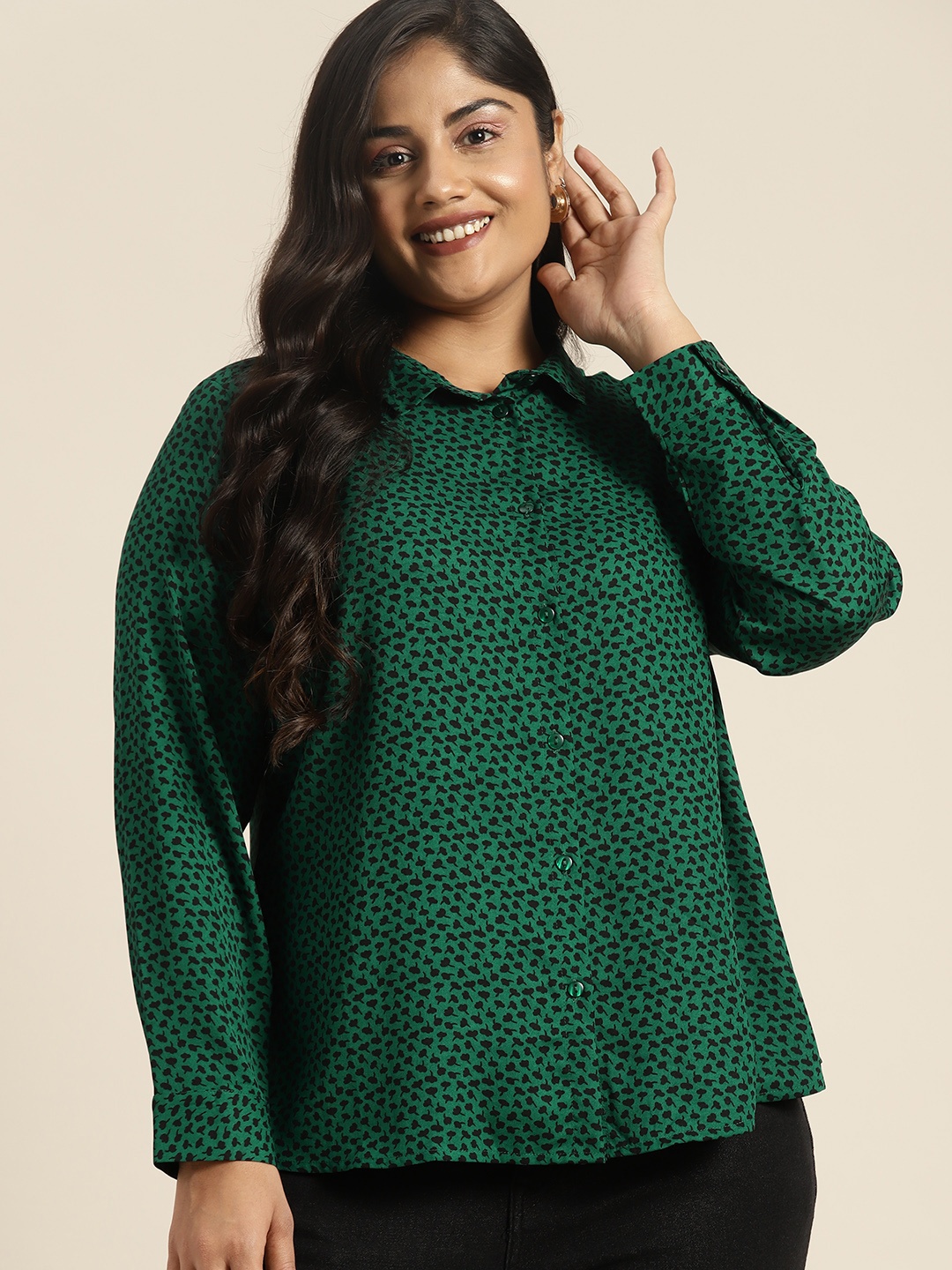 

Sztori Women Plus Size Micro Ditsy Print Casual Shirt, Green