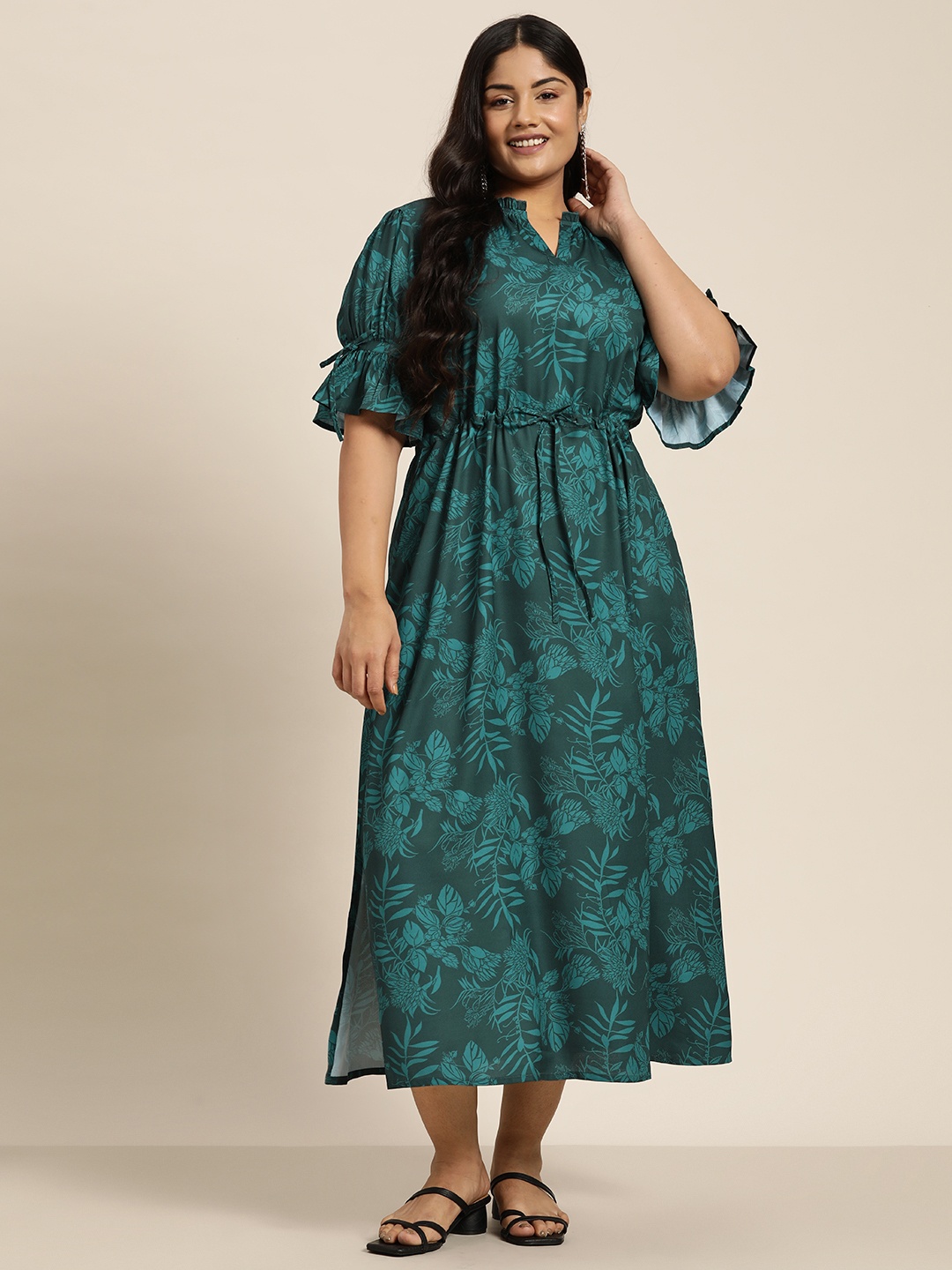 

Sztori Plus Size Tropical Waist Tie-Up A-Line Midi Dress, Green