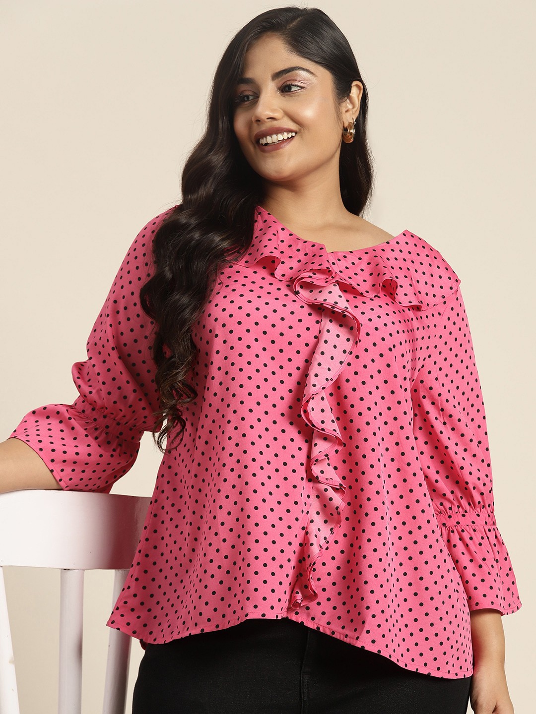

Sztori Plus Size Dot Printed Ruffles Detailed Top, Pink