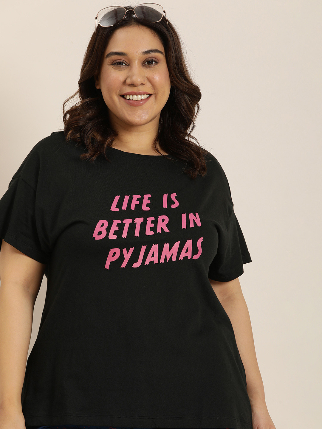 

Sztori Plus Size Round Neck Typography Printed Pure Cotton Lounge T-shirt, Black