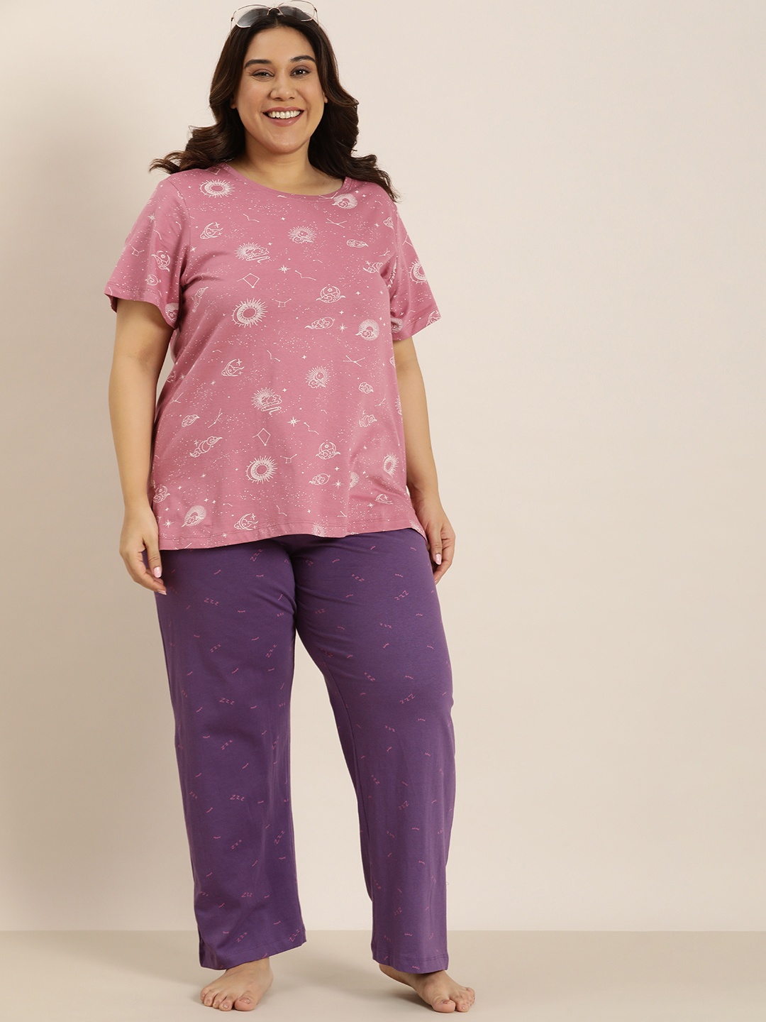 

Sztori Women Plus Size Pure Cotton Printed Lounge Pants, Purple