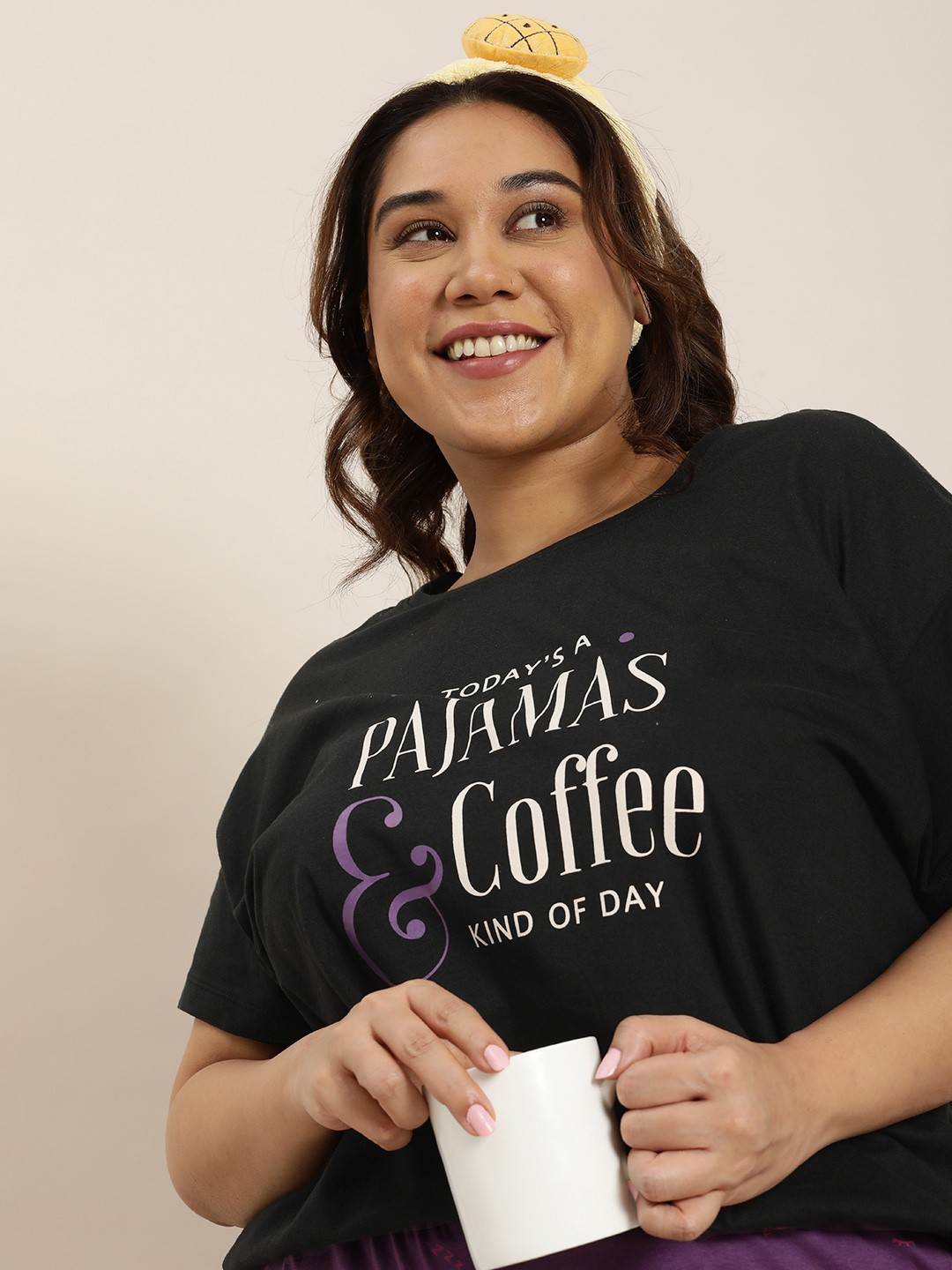 

Sztori Plus Size Round Neck Typography Printed Pure Cotton Lounge T-shirts, Black