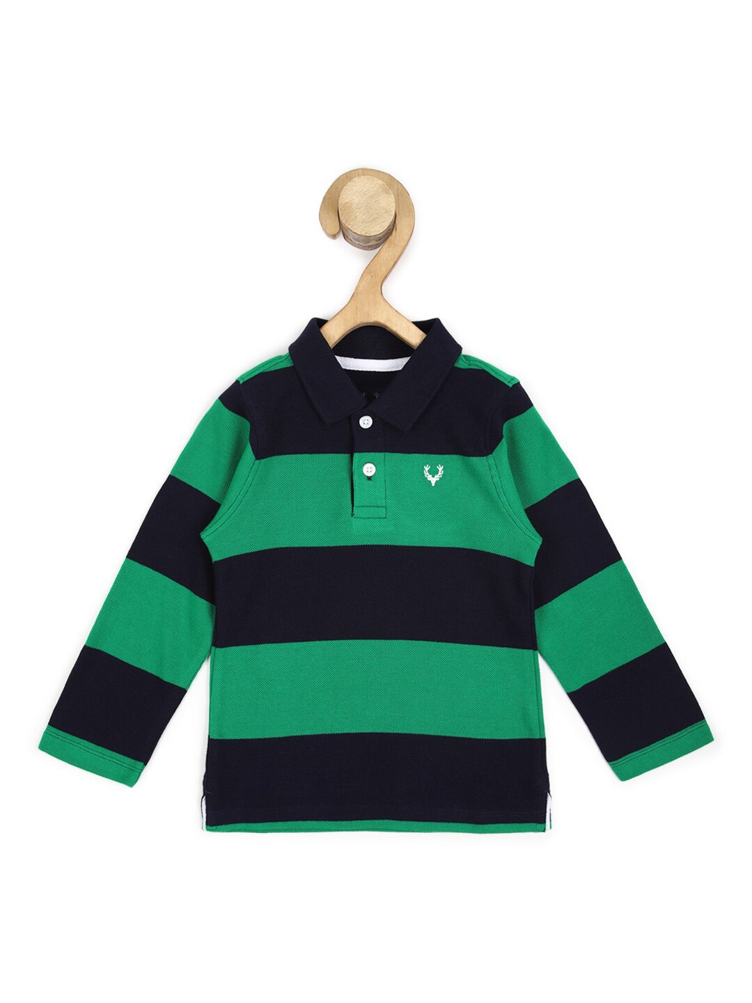 

Allen Solly Junior Boys Green & Black Striped Printed Polo Collar Cotton T-shirt