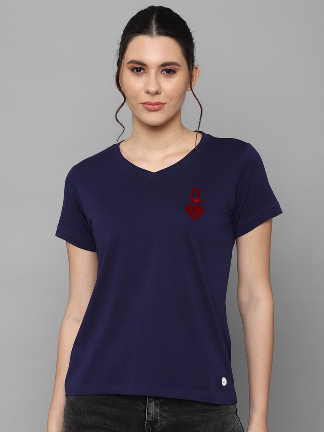 

Allen Solly Woman Women Navy Blue V-Neck Cotton T-shirt