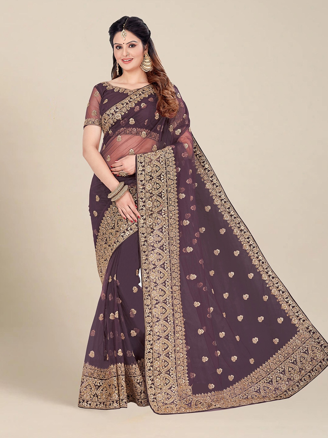

MS RETAIL Beige & Gold-Toned Embellished Sequinned Net Saree