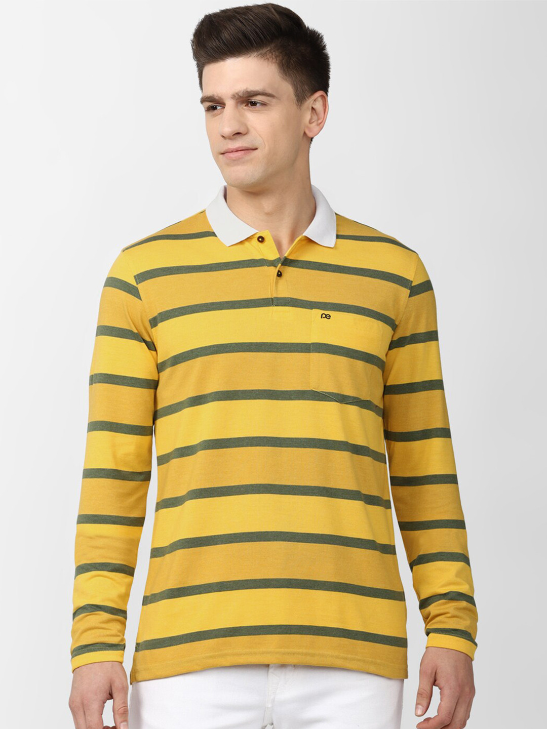 

Peter England Casuals Men Yellow Striped Polo Collar T-shirt