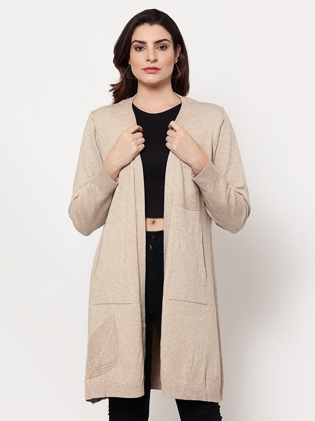 

Mafadeny Women Beige Longline Shrug