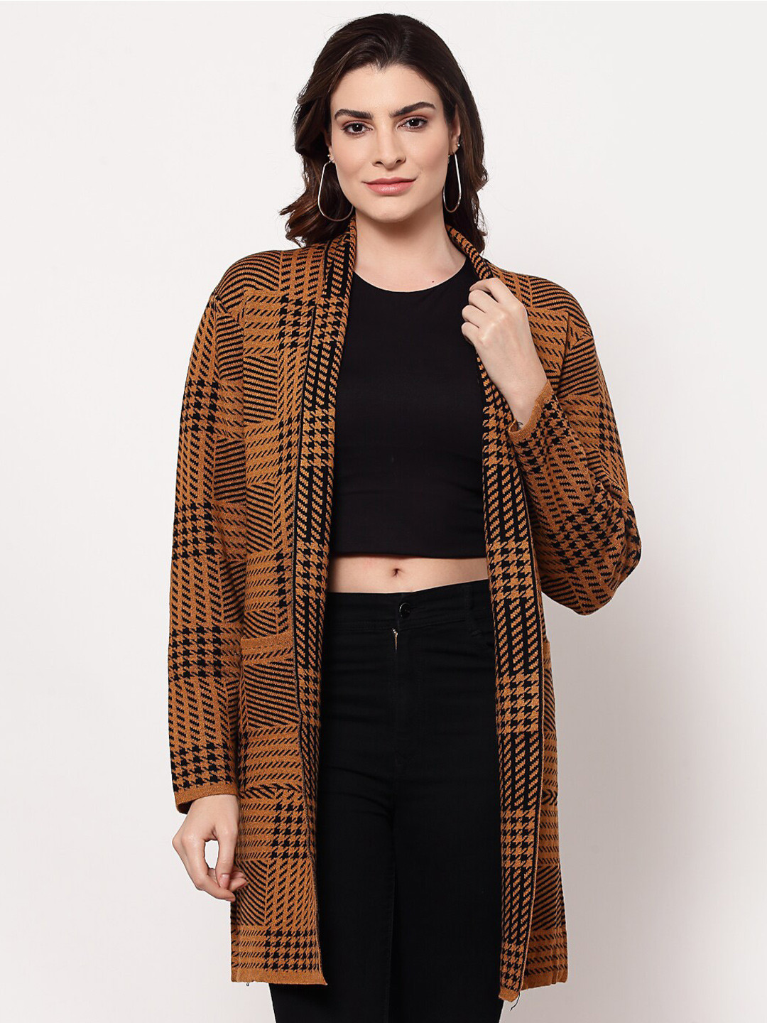 

Mafadeny Women Brown & Black Longline Shrug