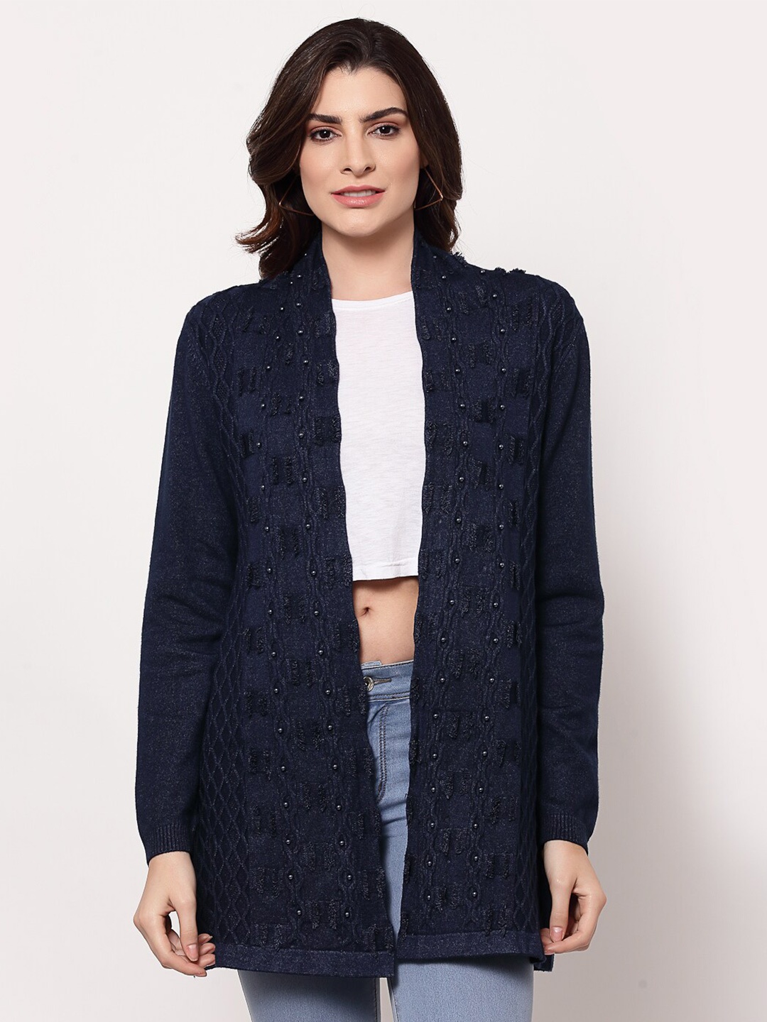 

Mafadeny Women Navy Blue Longline Shrug