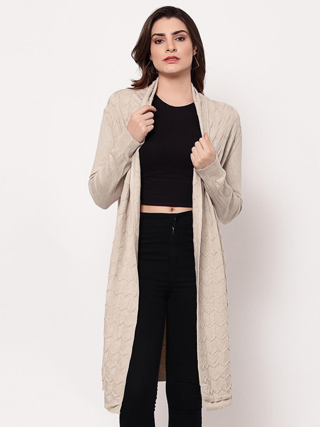 

Mafadeny Women Beige Longline Shrug