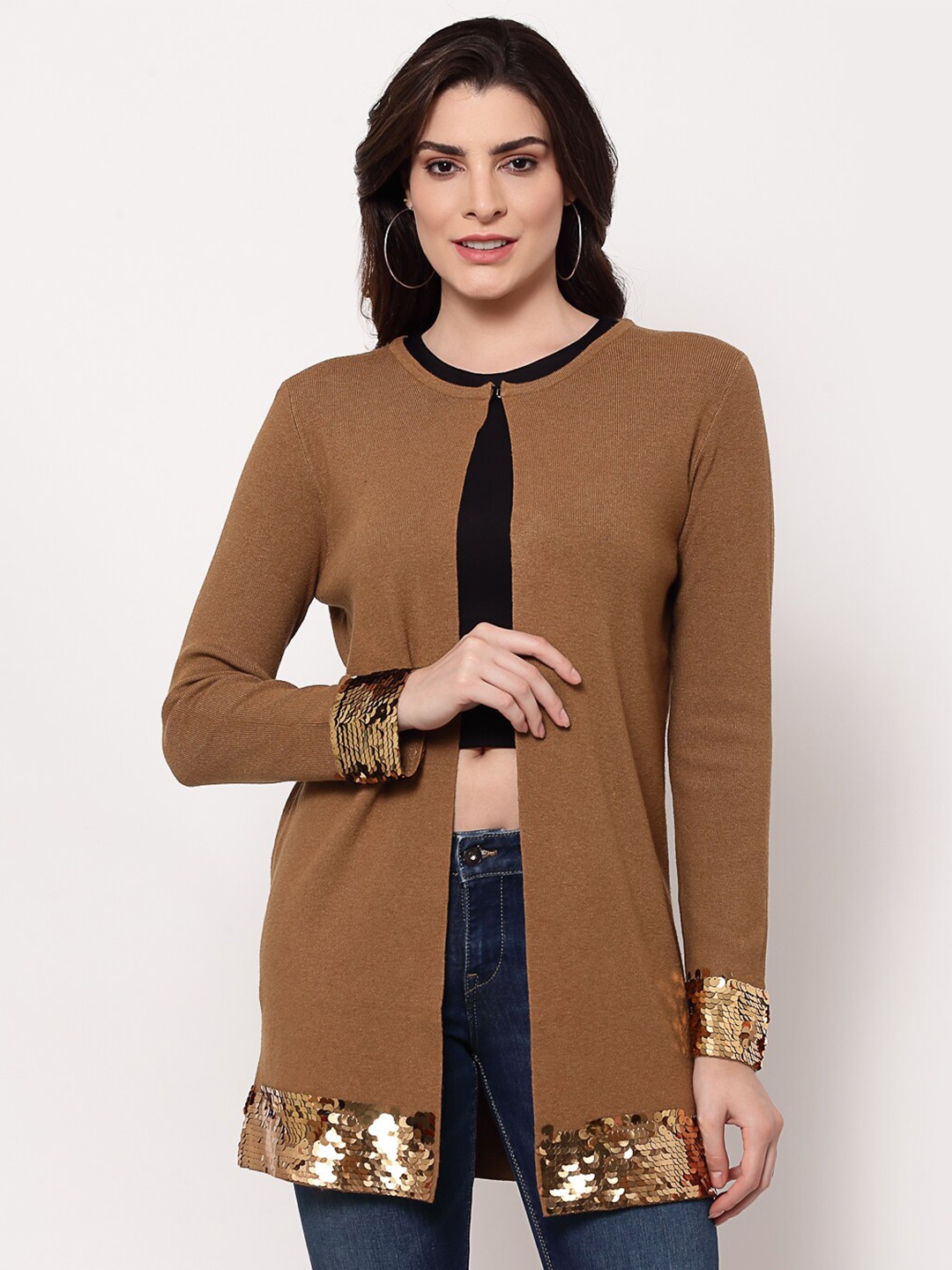 

Mafadeny Women Brown Embellished Longline Shrug