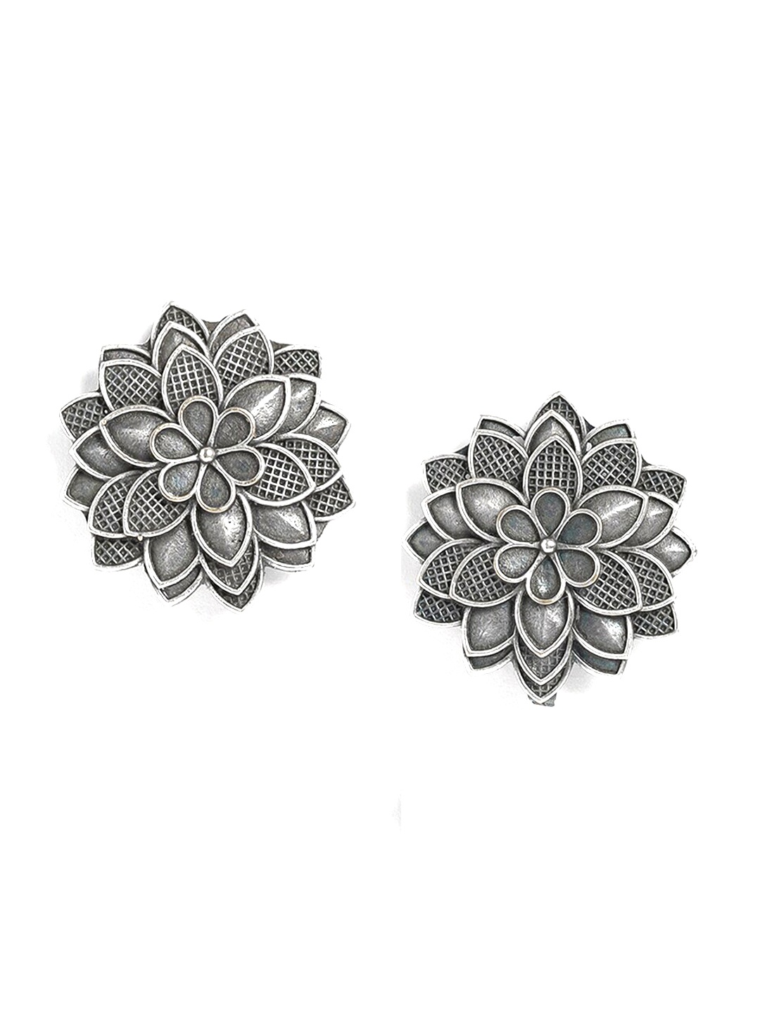 

EL REGALO Silver-Plated Oxidised Floral Studs Earrings
