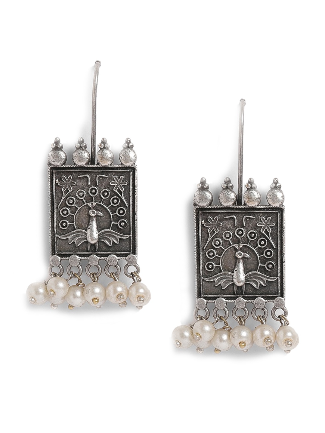 

EL REGALO White & Silver-Plated Pearl Beaded Oxidised Square Drop Earrings