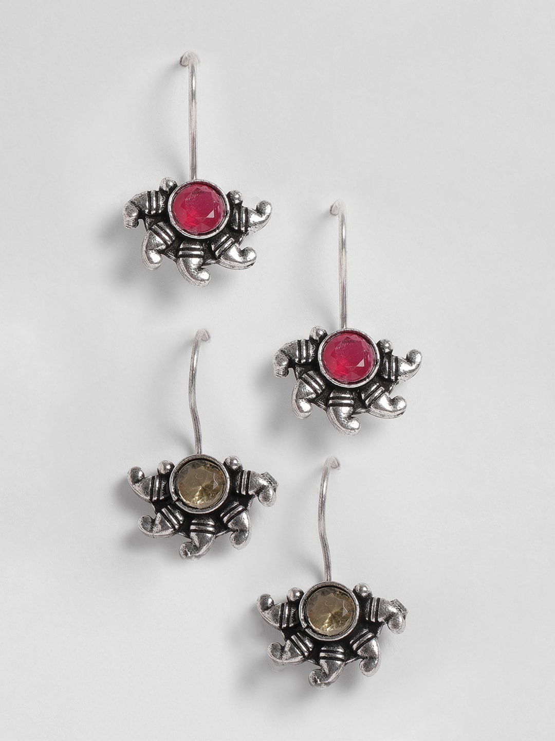 

EL REGALO Set Of 2 Pink & Olive Green Silver-Plated Contemporary Drop Earrings