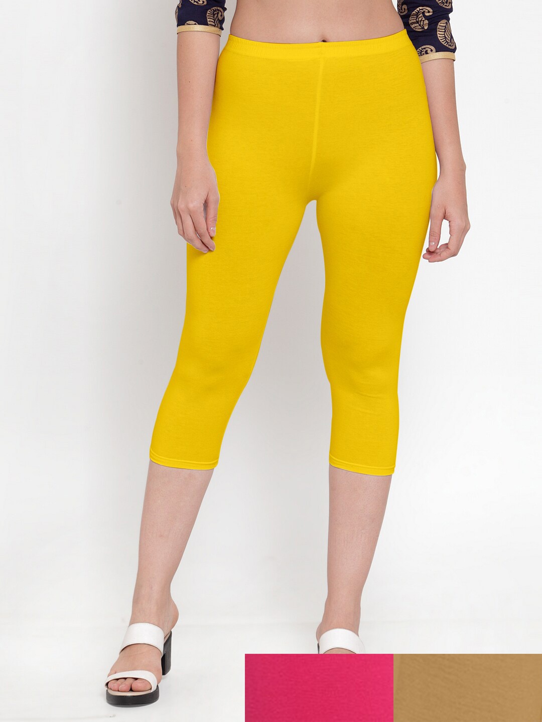 

GRACIT Women Pack Of 3 Cotton Lycra Capris, Yellow