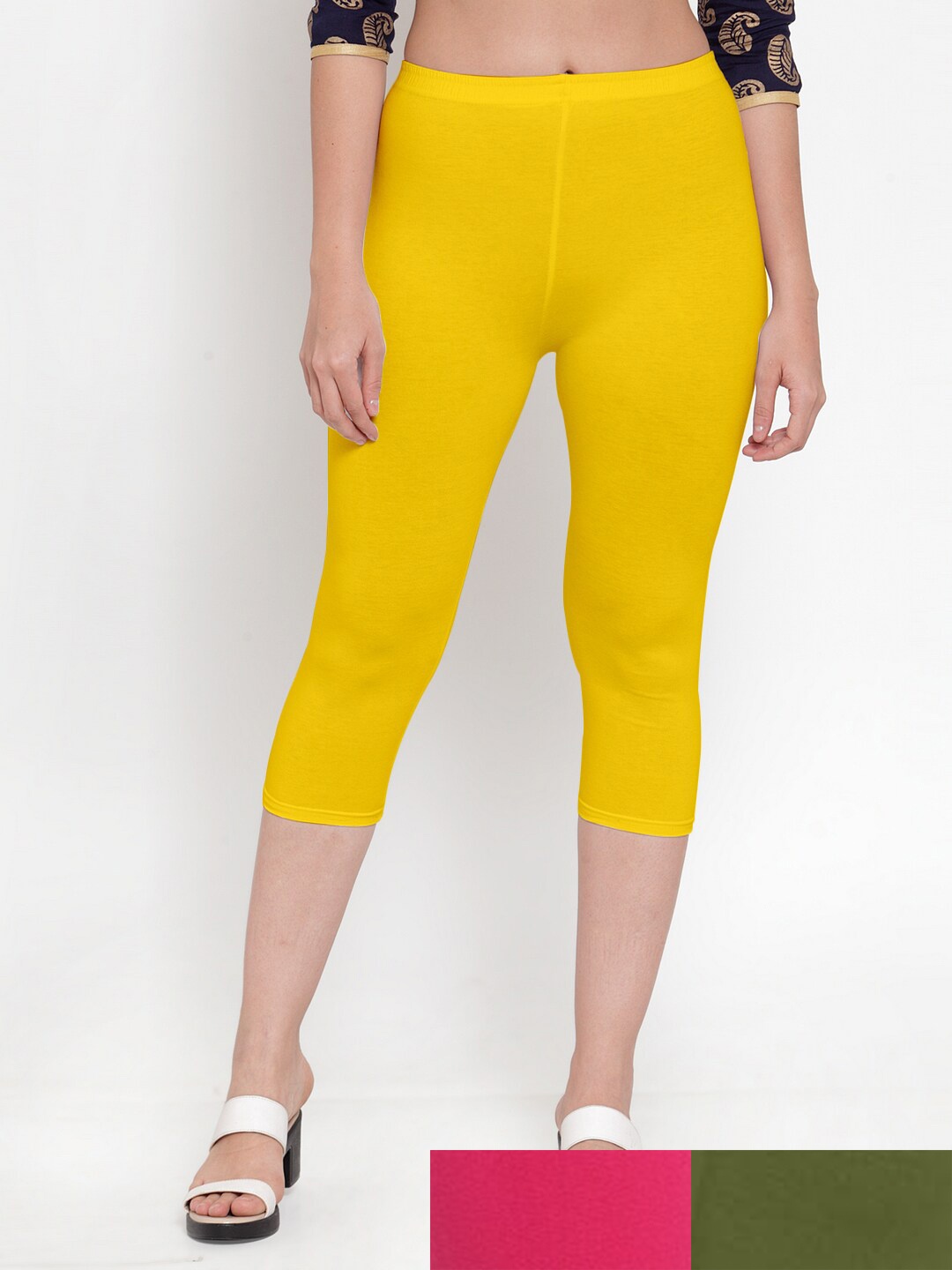 

GRACIT Women Pack Of 3 Cotton Lycra Capris, Yellow