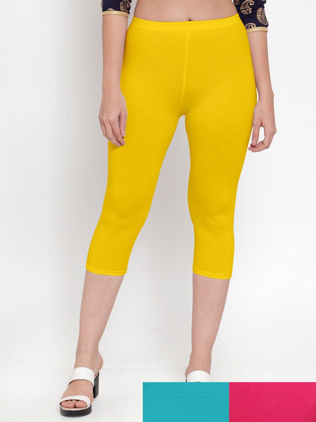 

GRACIT Women Pack of 3 Solid Yellow & Pink Capris